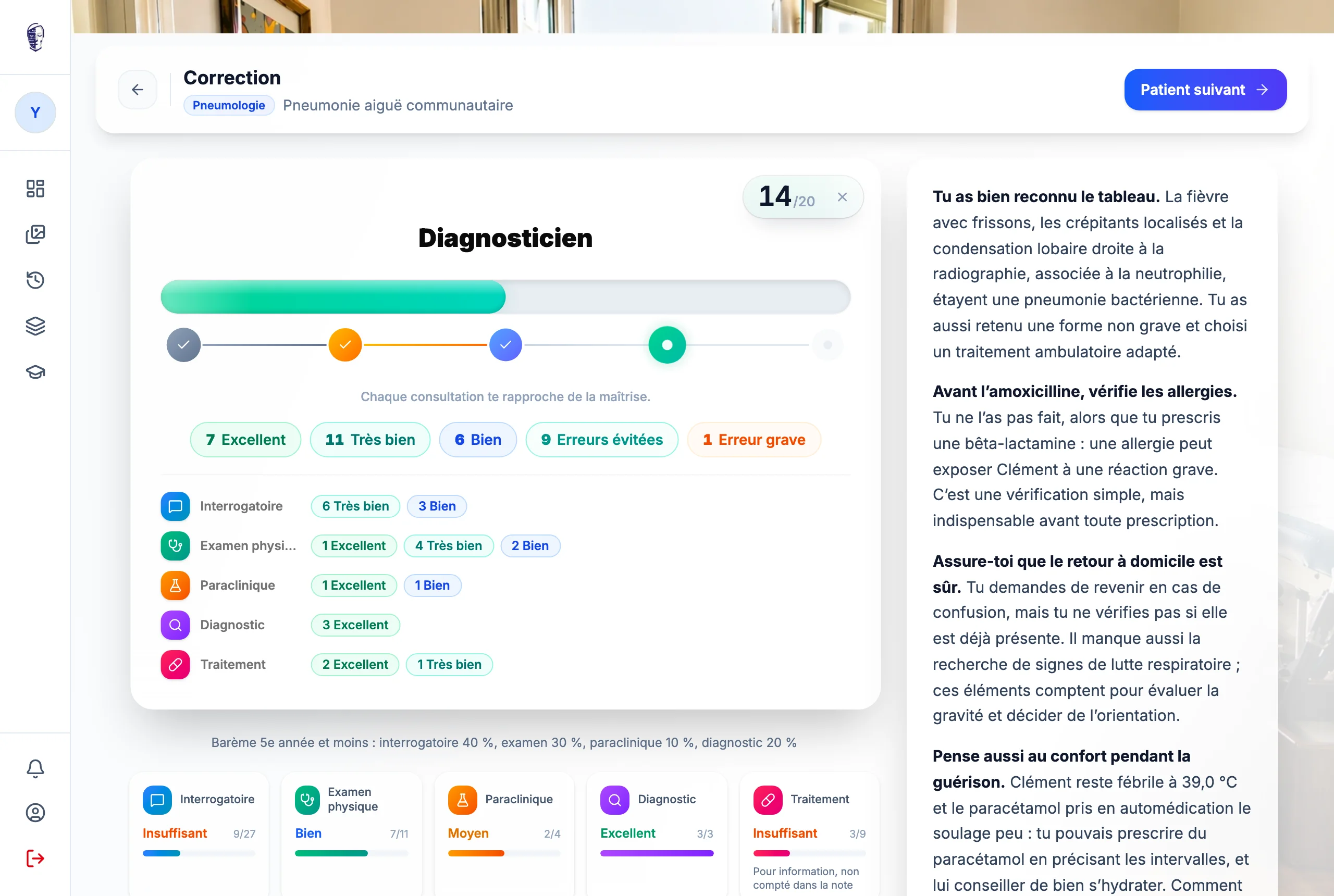 Real screenshot of Qurmi feedback: level, strengths and a medico-legal error