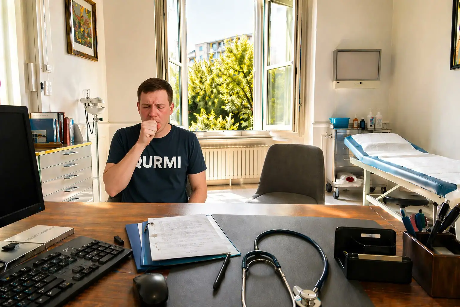 A Qurmi patient coughing, sitting in the consultation room